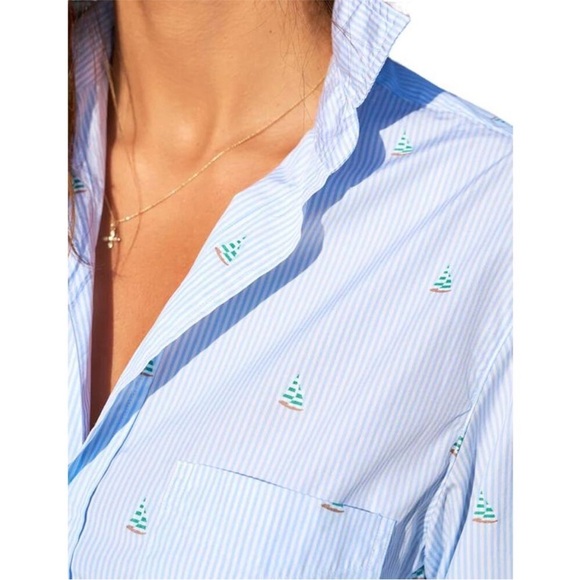 Frank & Eileen Tops - Frank and Eileen SILVIO Light Blue Stripe Sailboats Italian Cotton Sz L NEW